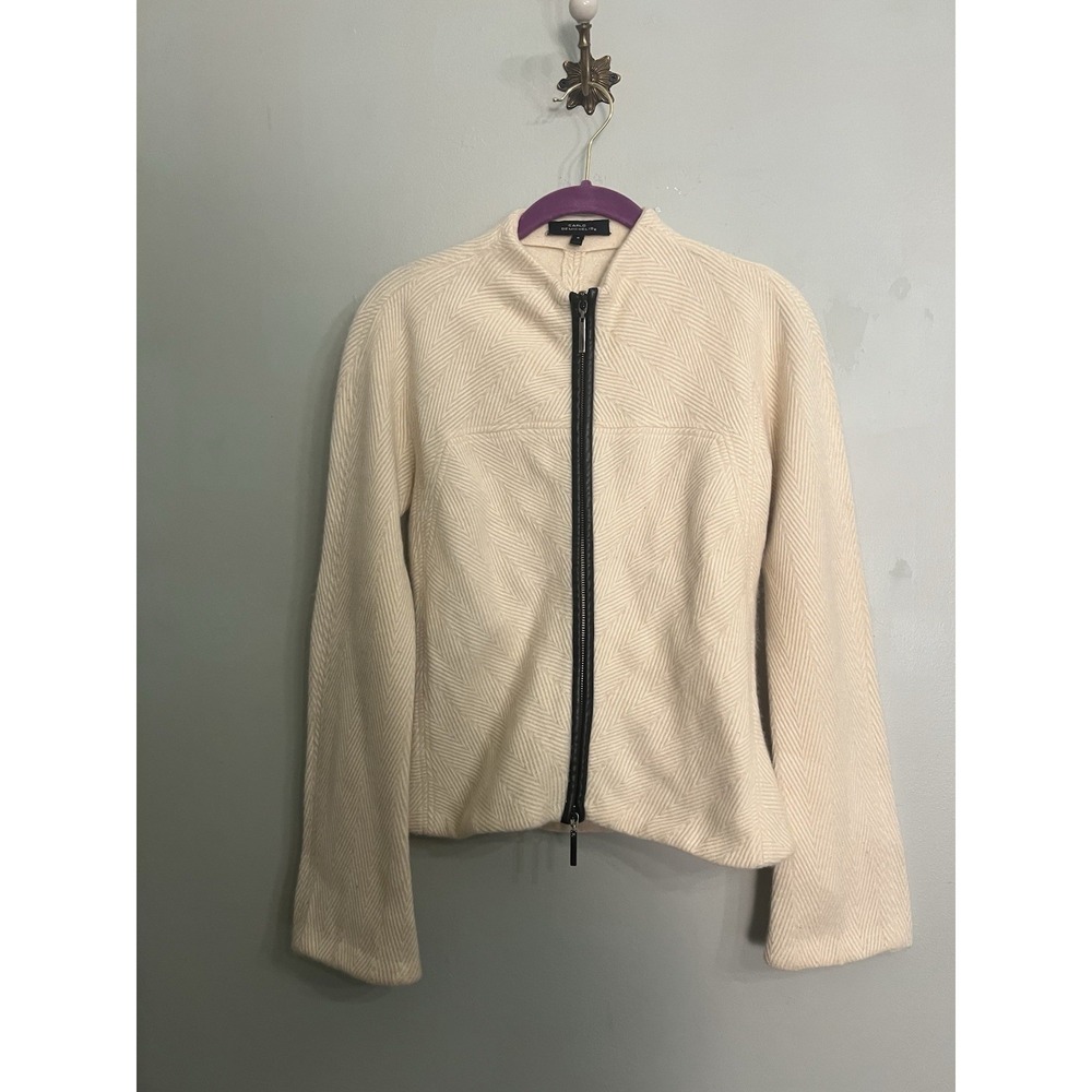 Carlo Demichelis Soft + Cozy Modern Classic Cream Herringbone Zip Jacket Size 6